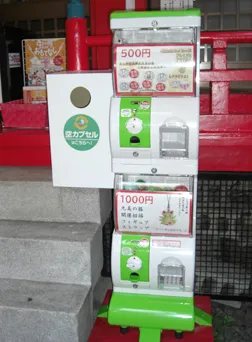The capsule toy machine at the shrine — ¥500 and ¥1,000 slots
